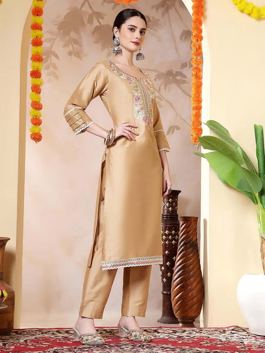 Women’s Beige Gold Silk Blend Embroidered Kurta Set with Multi-Color Phulkari/Geometric Printed Dupatta