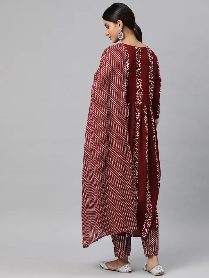 Women’s Maroon Batik & Chevron Printed Pure Cotton Kurta Set with Dupatta