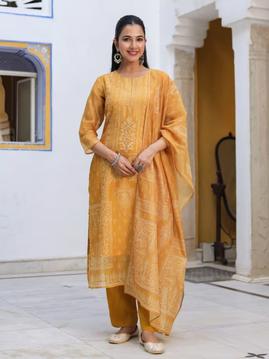 Women’s Mustard Yellow Printed Silk Blend Kurta Set with Chanderi Dupatta
