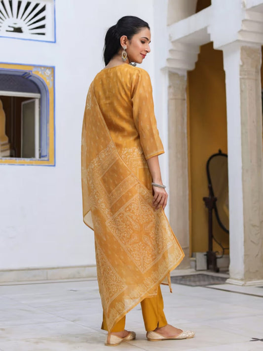 Women’s Mustard Yellow Printed Silk Blend Kurta Set with Chanderi Dupatta