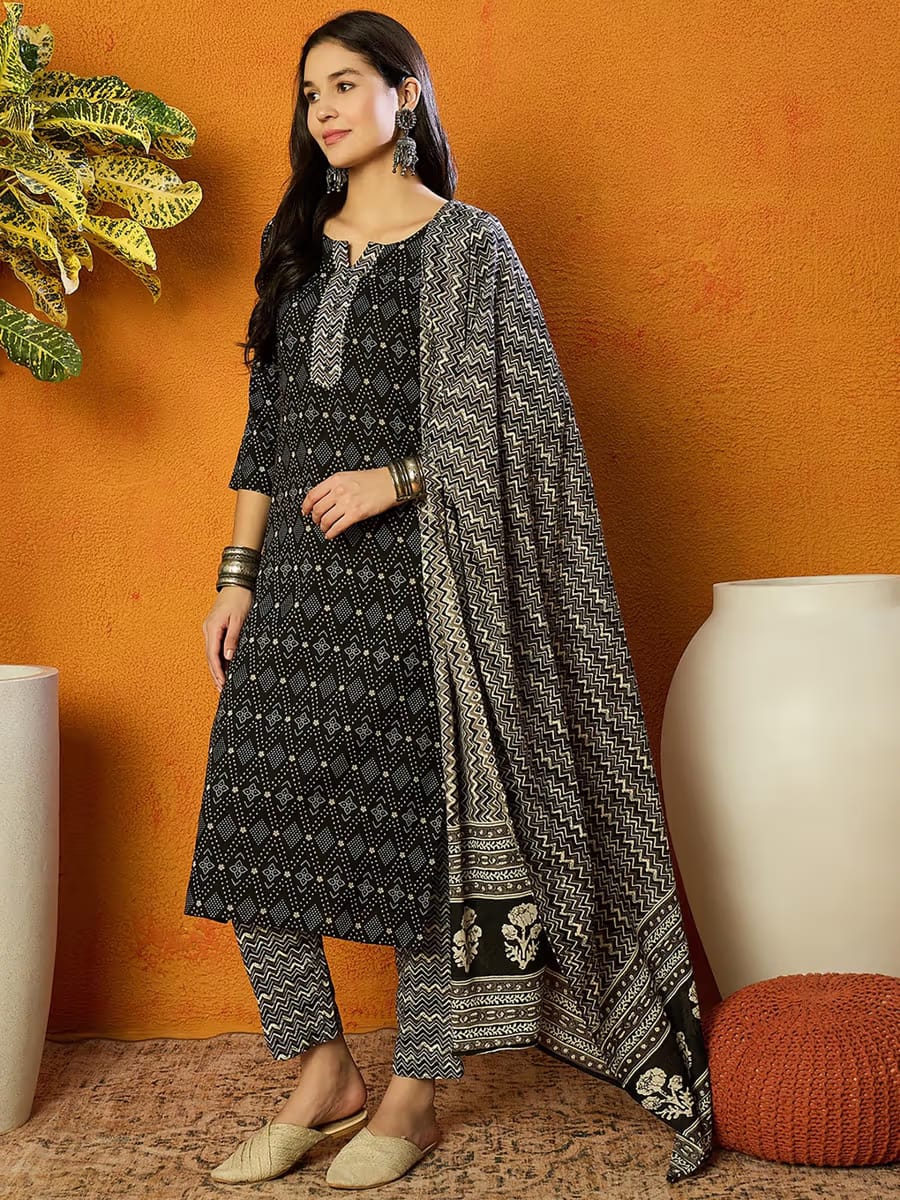 Women’s Black & Off-White Bandhani & Chevron Printed Pure Cotton Kurta Set with Dupatta