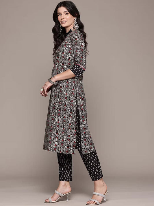 Women’s Black & Red Ajrakh/Bandhani Block Printed Pure Cotton Kurta Set with Dupatta
