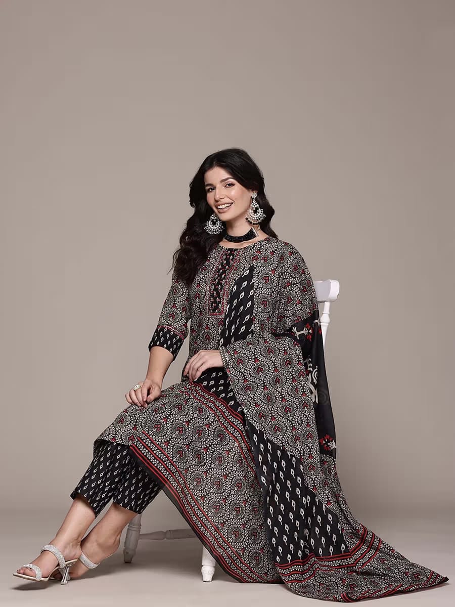 Women’s Black & Red Ajrakh/Bandhani Block Printed Pure Cotton Kurta Set with Dupatta