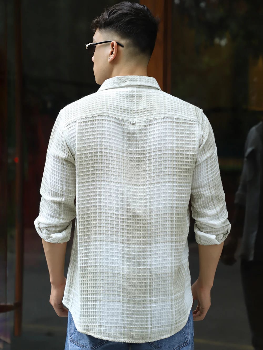 Men’s Off-White Waffle Knit Textured Long Sleeve Casual Shirt with Dual Flap Pockets