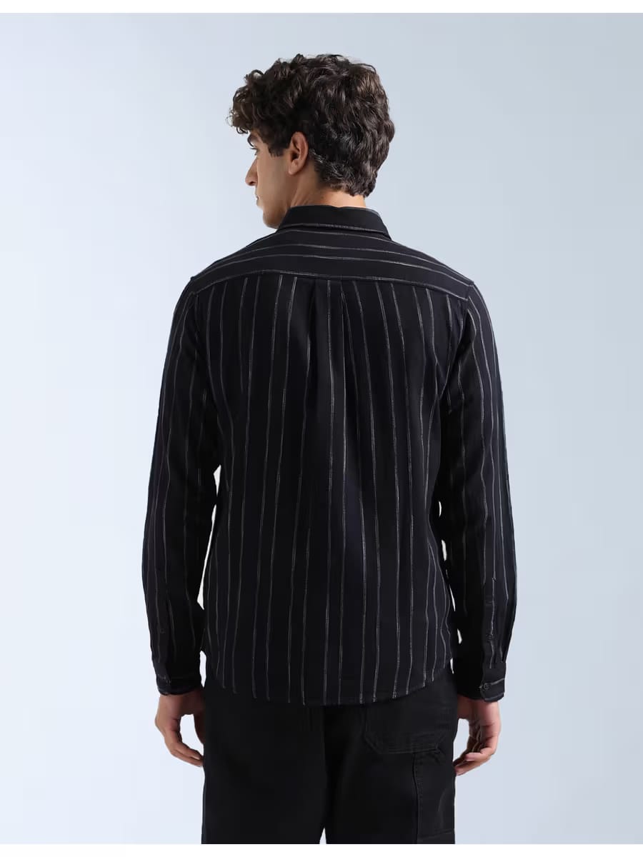 Men’s Black & White Fine Vertical Striped Full Sleeve Casual Shirt with Single Chest Pocket