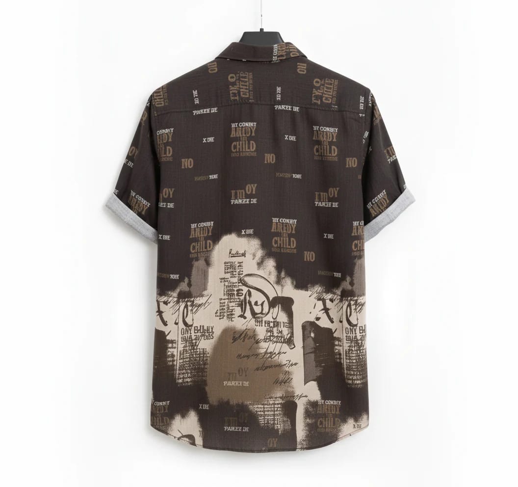 Men’s Black & Beige Abstract Typography Splatter Graphic Print Roll-Up Sleeve Casual Shirt