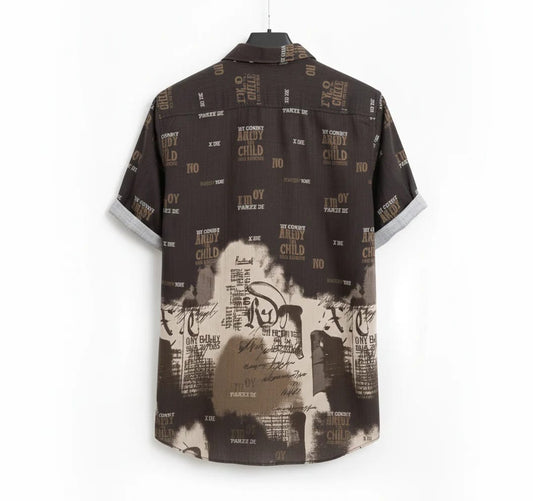 Men’s Black & Beige Abstract Typography Splatter Graphic Print Roll-Up Sleeve Casual Shirt
