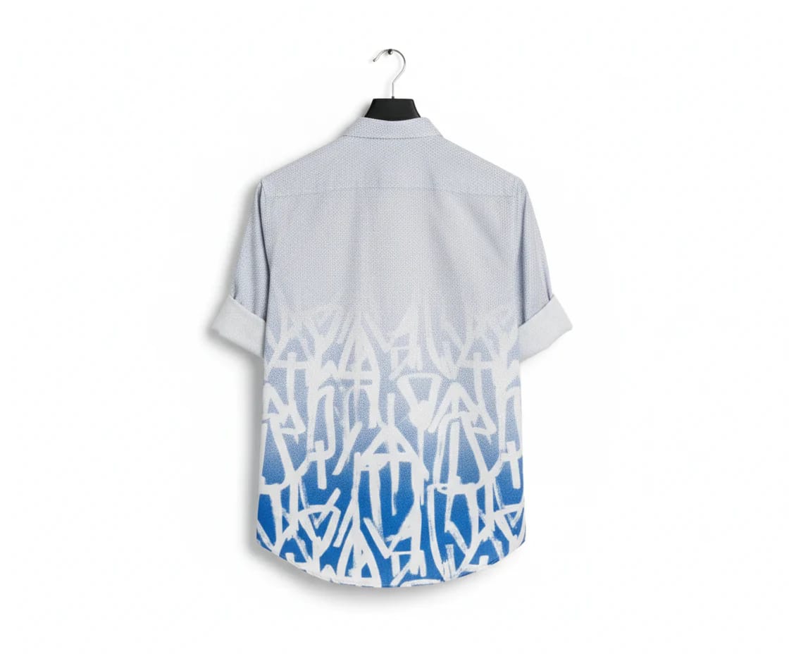 Men’s Light Grey & Electric Blue Ombré Graffiti Print Long Sleeve Casual Shirt