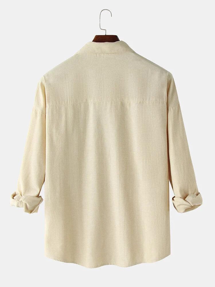 Men’s Beige Linen-Look Shirt with Black Cat & Butterfly Chest Graphic