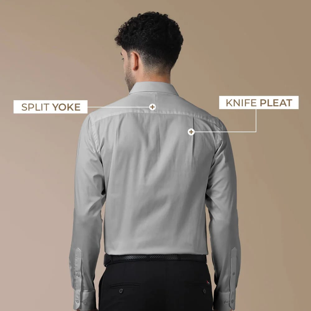 Men’s Solid Grey Satin-Finish Long Sleeve Formal Shirt with Chest Pocket