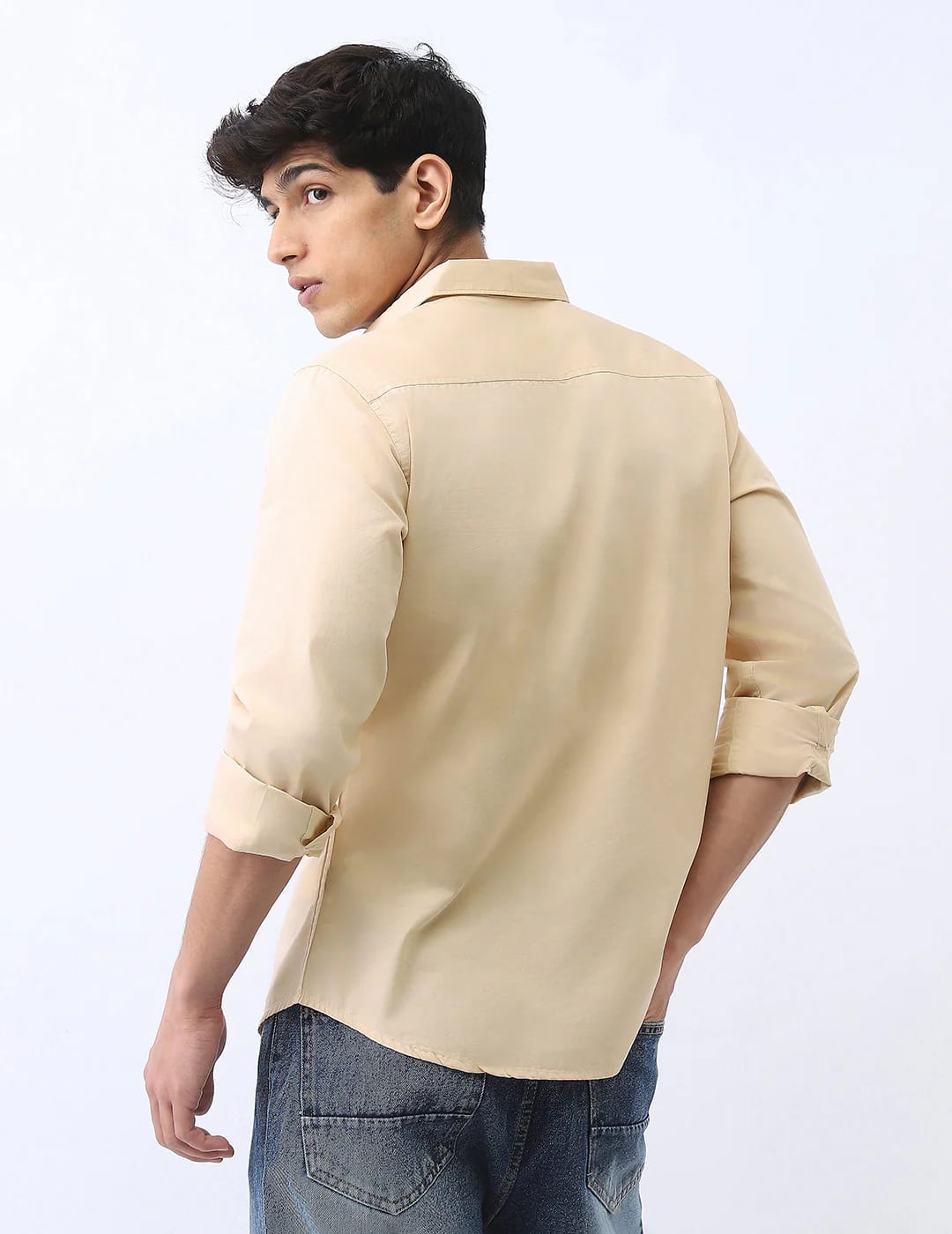Men’s Beige Solid Cotton Long Sleeve Casual Shirt