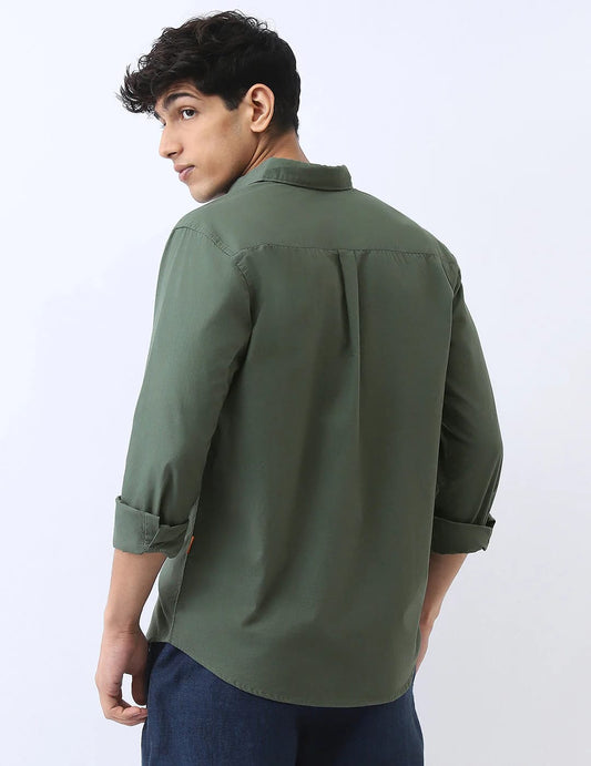 Men’s Beige Solid Cotton Long Sleeve Casual Shirt