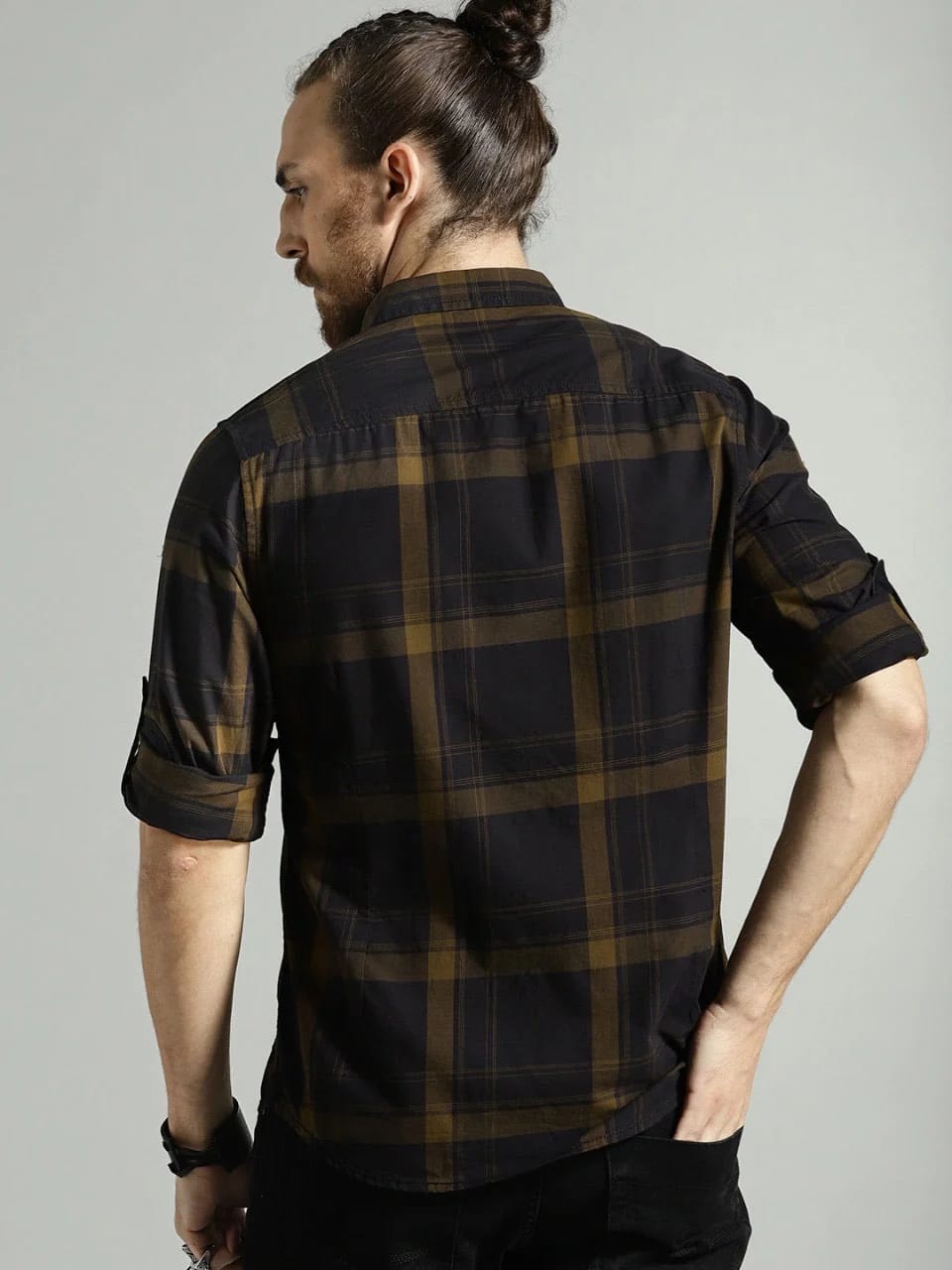Men’s Dark Olive Green & Black Plaid Checked Roll-Up Sleeve Casual Shirt