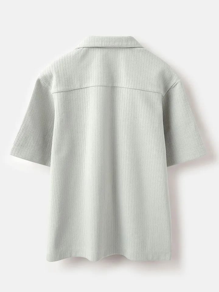 United Colors of Benetton Men’s Light Grey Textured Cuban Collar Short Sleeve Shirt with Dual Flap Pockets