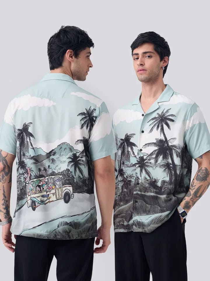 Men’s Light Sage Green Vintage Tropical Palm Tree Print Cuban Collar Short Sleeve Shirt