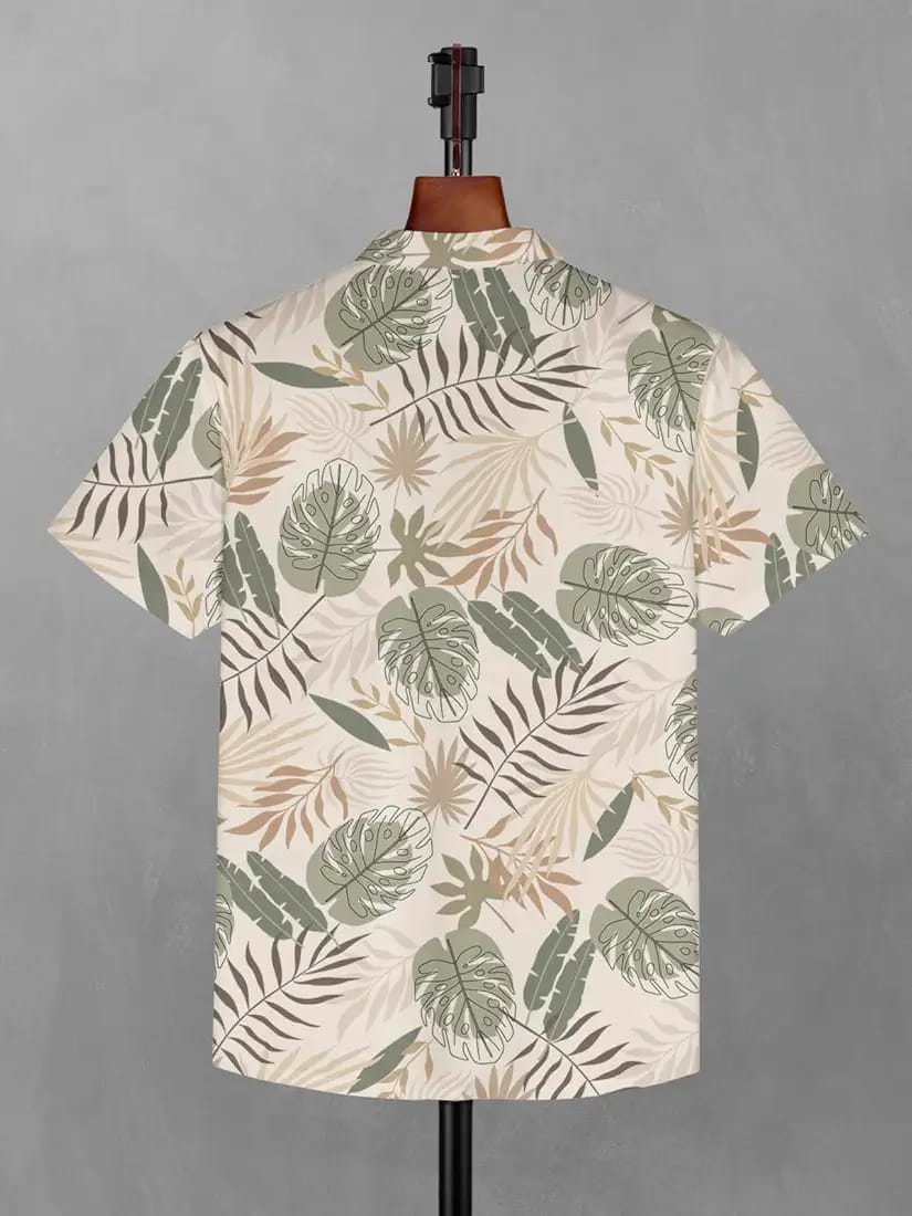 Men’s Beige & Olive Tropical Monstera Leaf Print Cuban Collar Short Sleeve Hawaiian Shirt