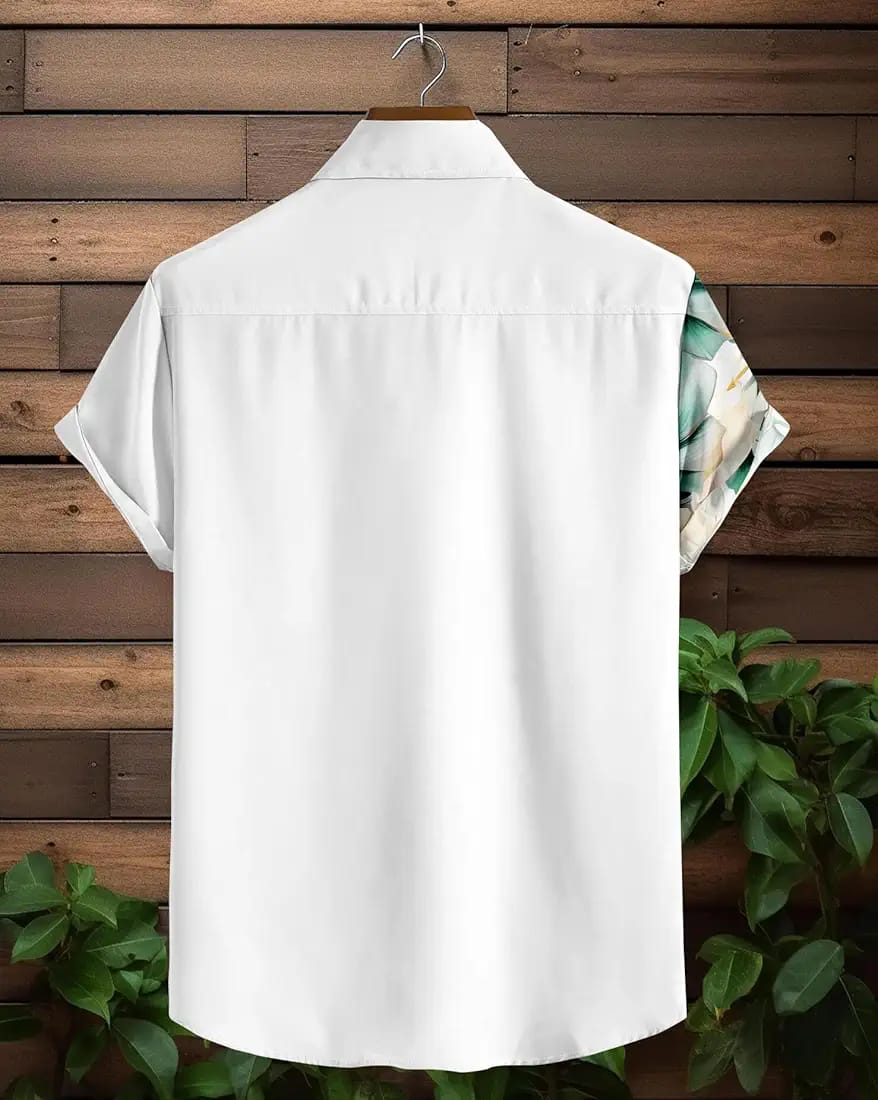 Men’s White & Teal Floral Watercolor Graphic Cuban Collar Short Sleeve Shirt