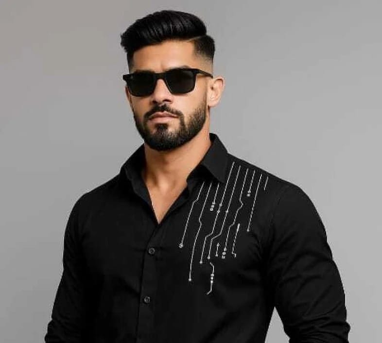 Men’s Jet Black Circuit Board Motif Embroidered Designer Shirt