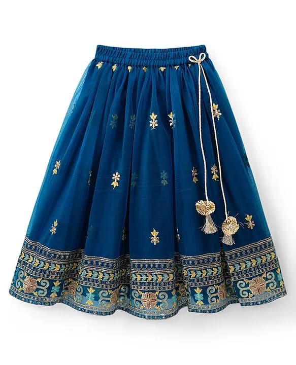 Baby girls Peacock Blue Embroidered Silk-Blend Lehenga Choli Set with Pre-Stitched Dupatta