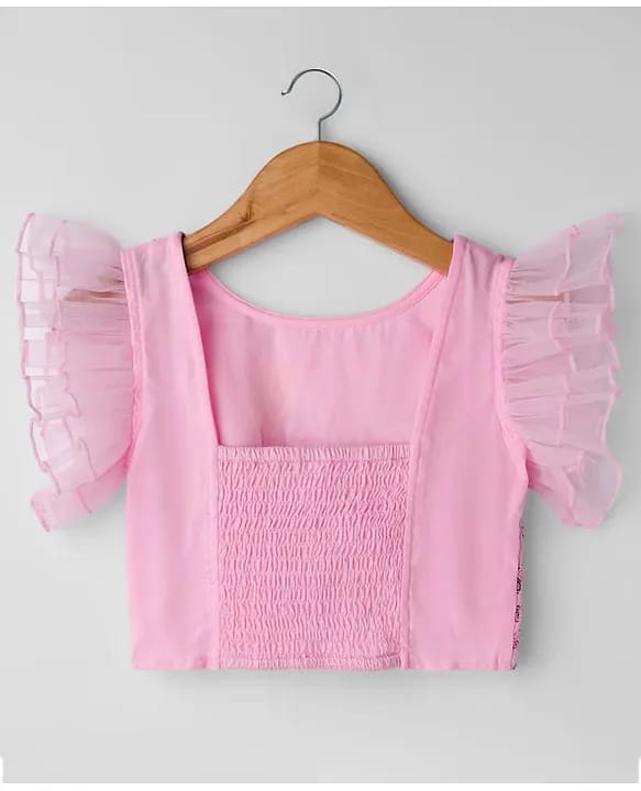Baby Girls Pink Mermaid Scale Sequin Net Lehenga Choli Set with Organza Ruffle Sleeves