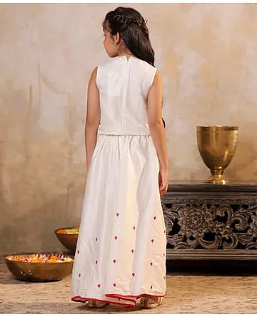 Girls Off-White Lotus Appliqué Crop Top & Wide-Leg Palazzo 2-Piece Ethnic Set