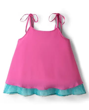 Girls Bright Pink & Turquoise Layered Spaghetti Top with Palazzo 2-Piece Ethnic Set