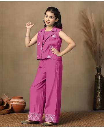 Girls Magenta Pink Lapel Jacket, Inner Top & Embroidered Palazzo 3-Piece Indo-Western Set