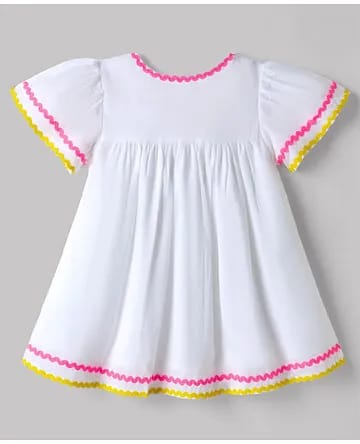 Girls White Cotton Flutter Sleeve Tunic Top with Contrast Ric-Rac Lace Trim