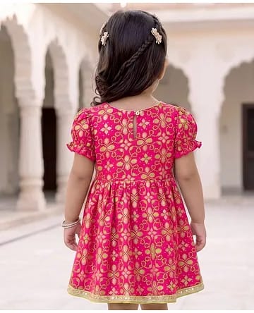 Baby Girls Magenta Pink Bandhani Print & Sequin Embroidered Ethnic Frock Dress