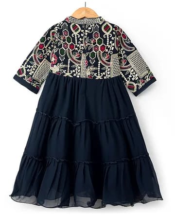 Baby girls Navy Blue Embroidered Yoke Tiered Anarkali / Fusion Maxi Dress