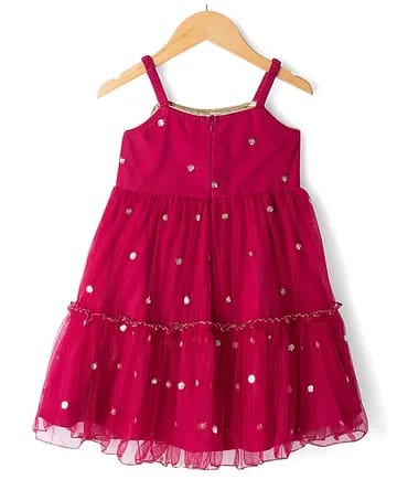 Girls Maroon Embroidered Jacket with Foil Printed Tiered Frock Set