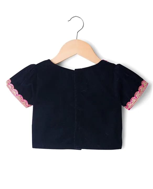 Baby Girls Black Velvet Embroidered Choli with Rani Pink Chevron Print Lehenga & Dupatta Set