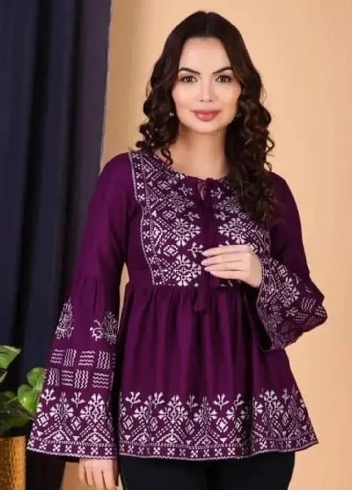 Women’s Purple & Silver Ethnic Printed Peplum Short Kurti / Tunic Top