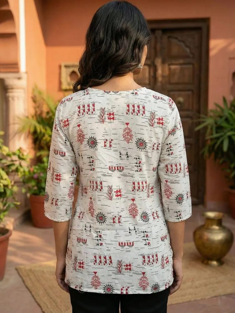 Women’s Off-White & Red Warli Folk Art Printed Cotton Short Kurti / Tunic Top