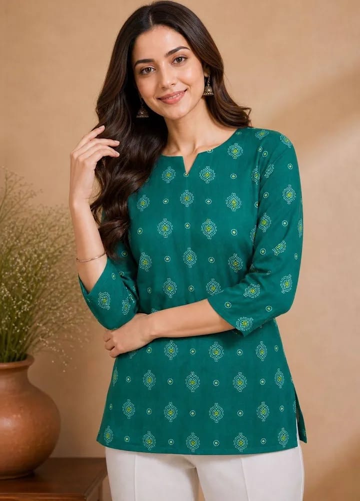 Women’s Teal Green Ethnic Motifs Printed Cotton Short Kurti / Tunic Top