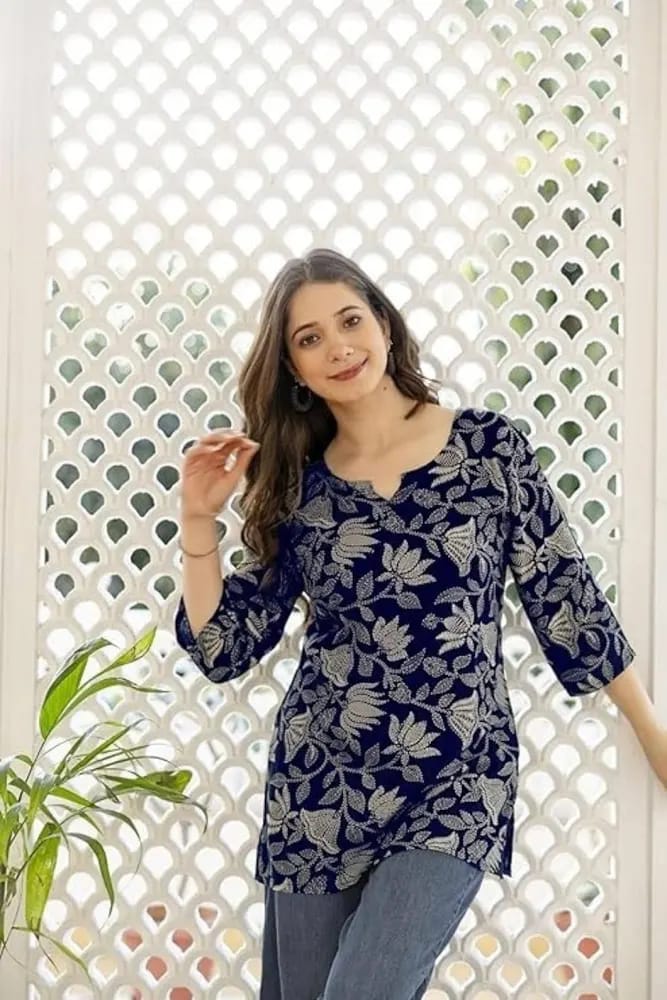 Women’s Navy Blue & Silver Floral Printed Cotton Short Kurti / Tunic Top