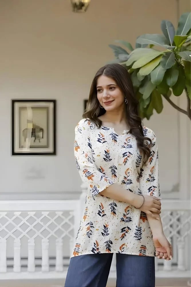 Women’s Cream & Orange Botanical Leaf Printed Cotton Short Kurti / Tunic Top