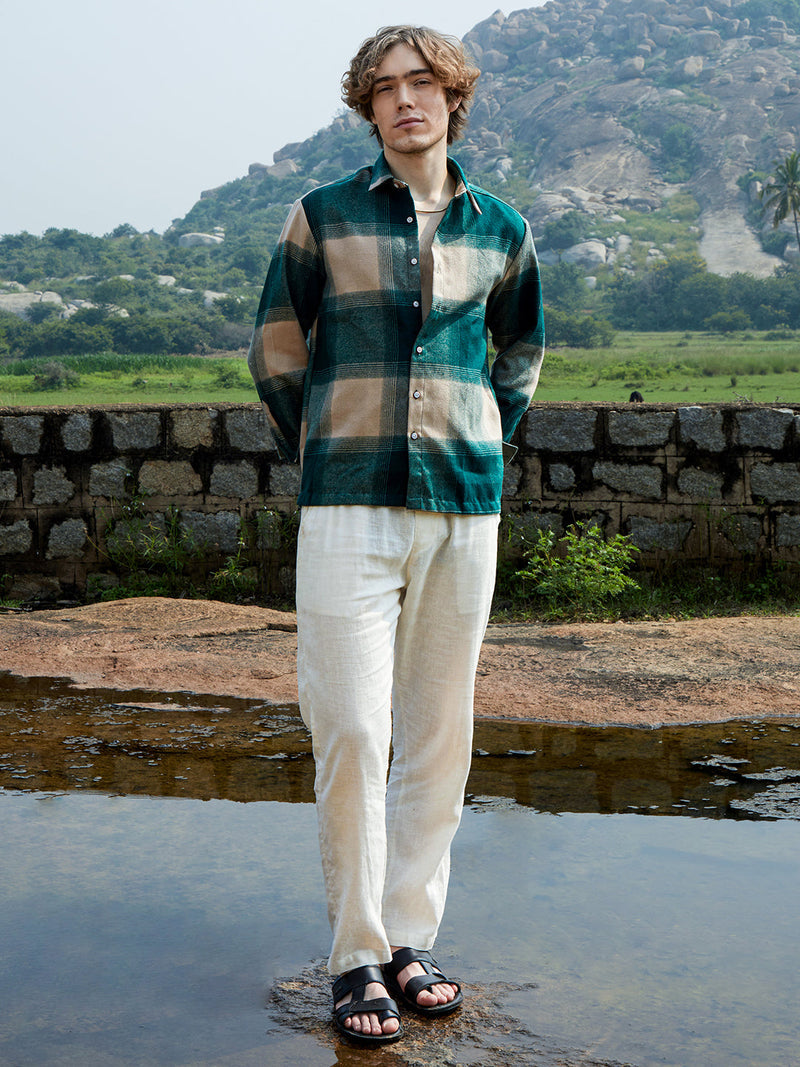 Men’s Teal & Tan/Beige Block Plaid Flannel Overshirt