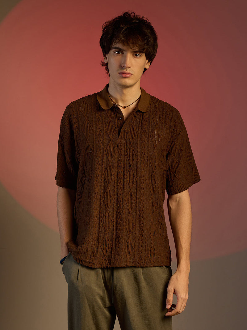 Men’s Chocolate Brown Textured Cable & Diamond Knit Polo Shirt