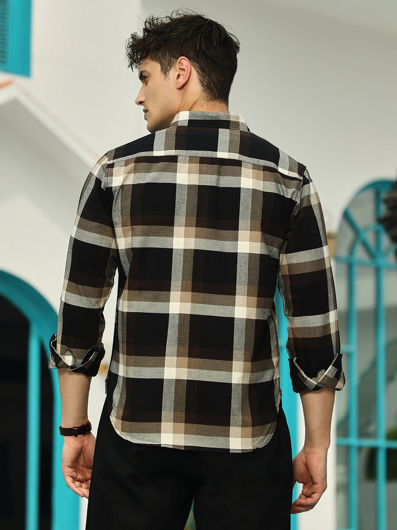 Men’s Premium Plaid Casual Button-Down Shirt – Brown & Grey Check