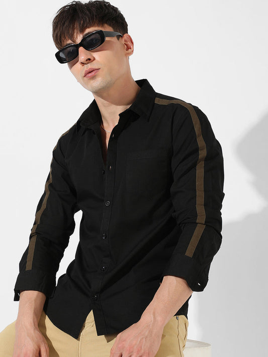 Men’s Black Casual Shirt with Olive Shoulder Tape Detail