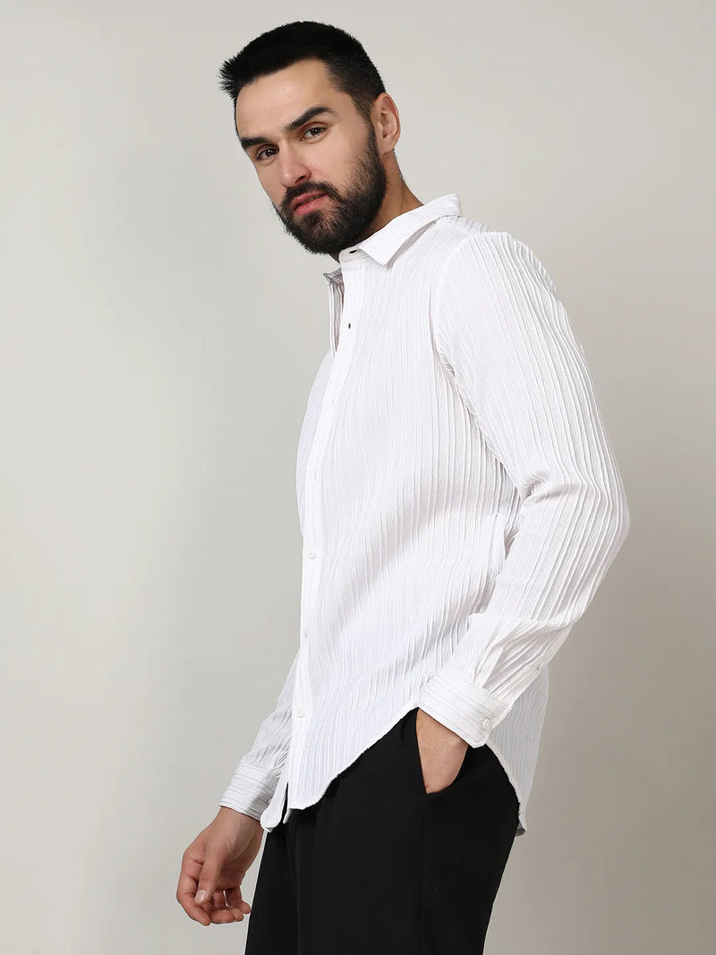 Men’s Pure White Vertical-Pleated Casual Shirt