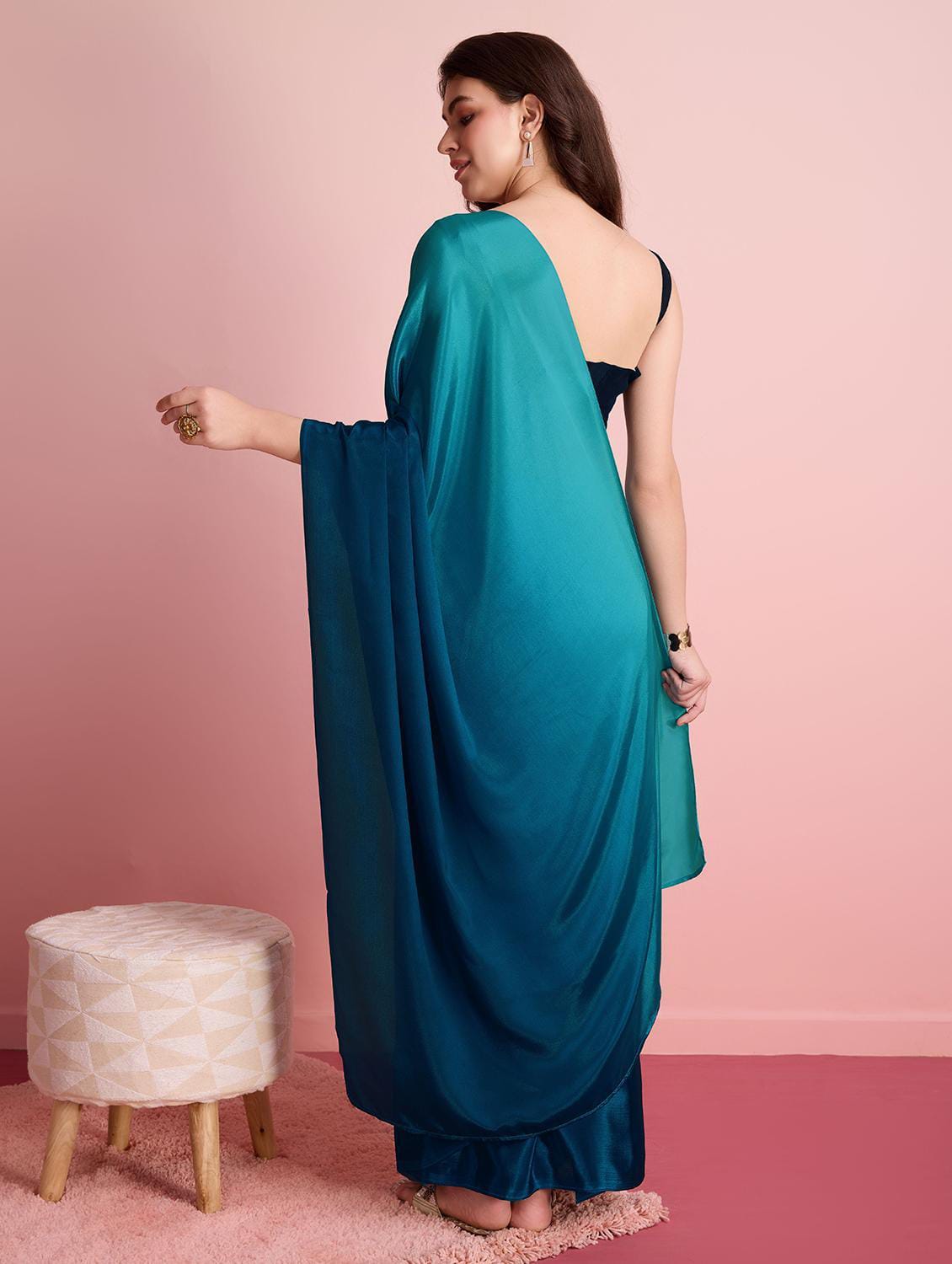Women's Dual-Tone Teal Blue Satin Silk Saree with Solid Unstitched Blouse Piece