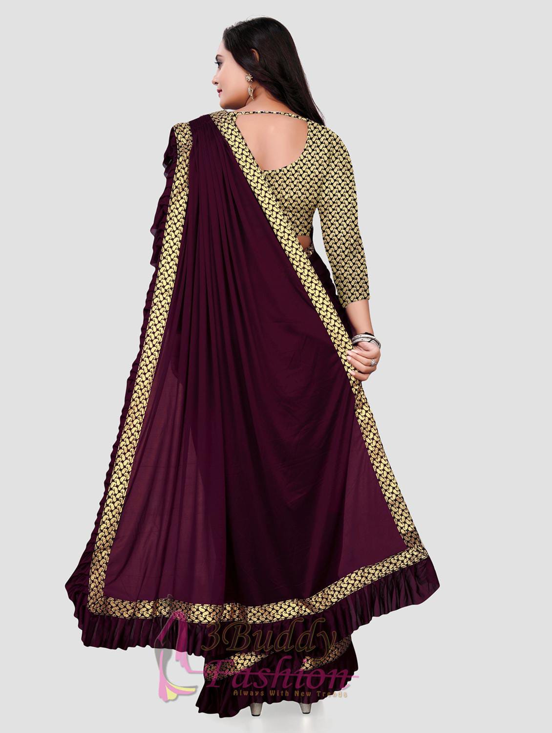 Women’s Deep Wine Ruffle Saree with Gold Paisley Border & Matching Jacquard Blouse Piece