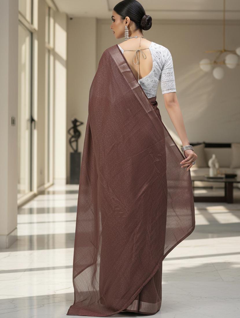 Women’s Metallic Coffee Brown Tissue Georgette Saree with Silver Zari Border & White Embroidered Blouse Piece