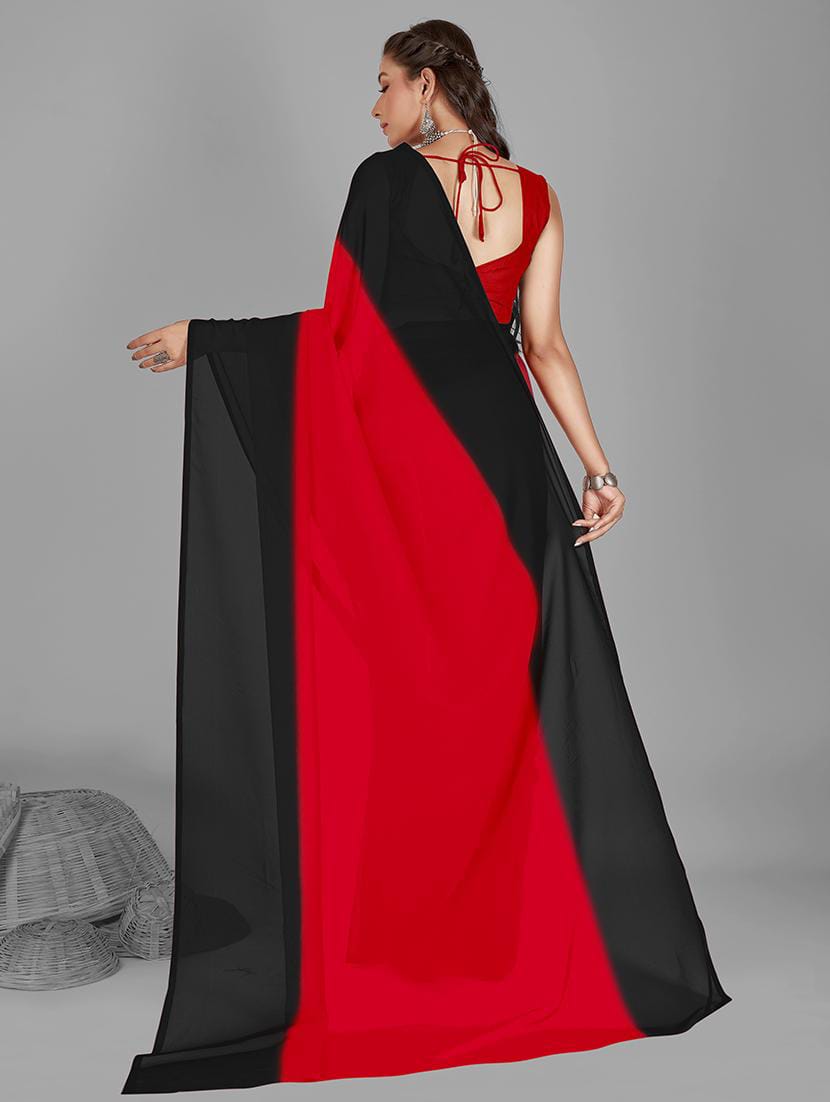 Women's Red and Black Dual-Tone Georgette Saree with Solid Unstitched Blouse Piece