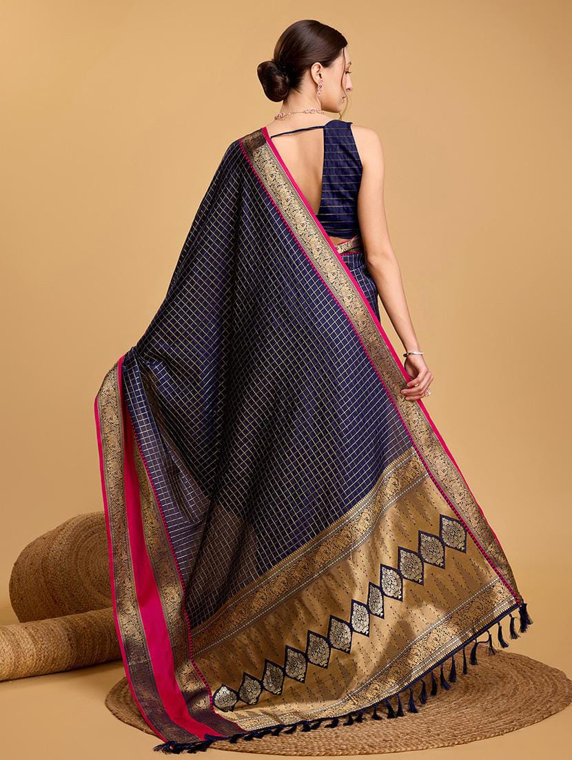 Navy Blue Checked Art Silk Saree with Rani Pink Contrast Zari Border & Tassels