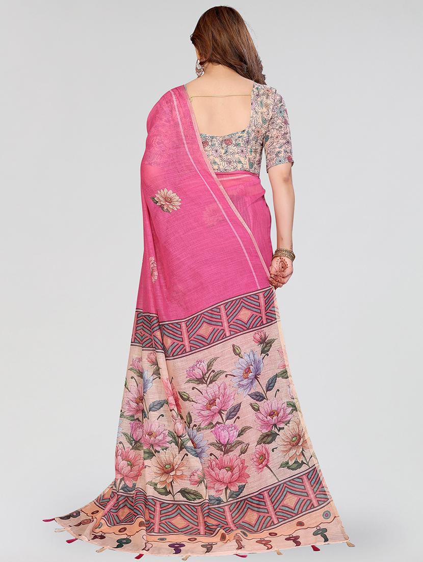 Women’s Pink Floral Printed Linen Cotton Saree with Contrast Blouse