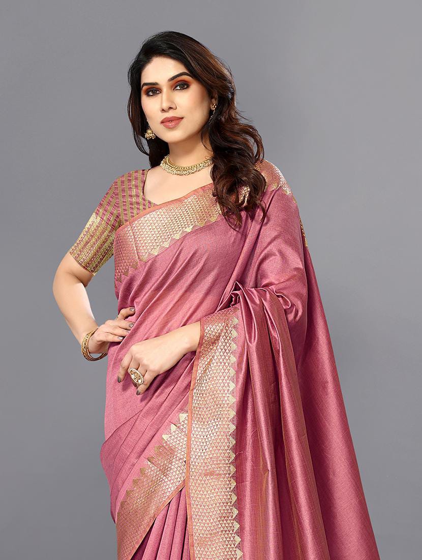 Women’s Dusty Rose Pink Raw Silk Saree with Geometric Golden Zari Border