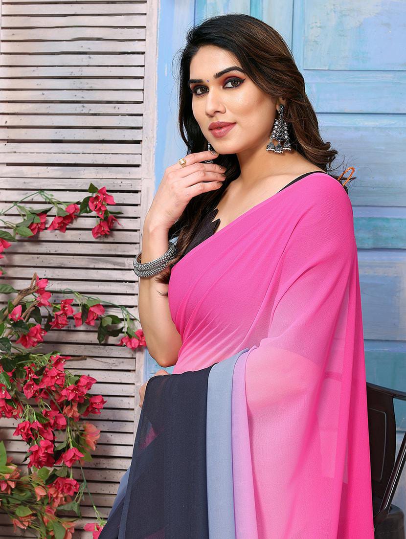 Women’s Bright Pink, Powder Blue & Charcoal Grey Ombre Georgette Saree